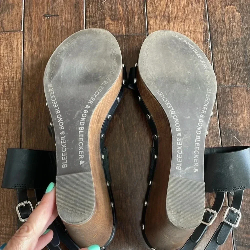 Bleecker and Bond Sandra  Leather Wedge Black Studded Platform Sandals  Size 10